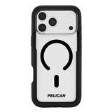 A clear protective phone case with a black bumper frame, featuring a black MagSafe-compatible ring graphic and the PELICAN brand name printed in black at the bottom.
#color_voyager clear/black