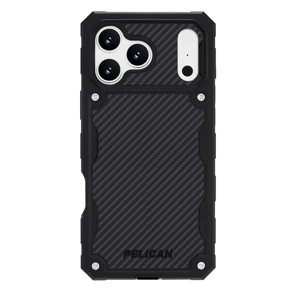 A black Pelican rugged phone case with a carbon fiber textured back panel and silver corner rivets, shown on a plain white background.
#color_shield carbon