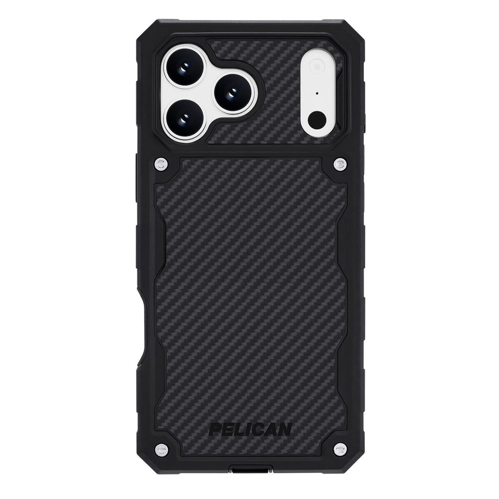 A black Pelican rugged phone case with a carbon fiber textured back panel and silver corner rivets, shown on a plain white background.
#color_shield carbon