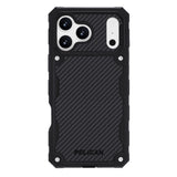 A black Pelican rugged phone case with a carbon fiber textured back panel and silver corner rivets, shown on a plain white background.
#color_shield carbon