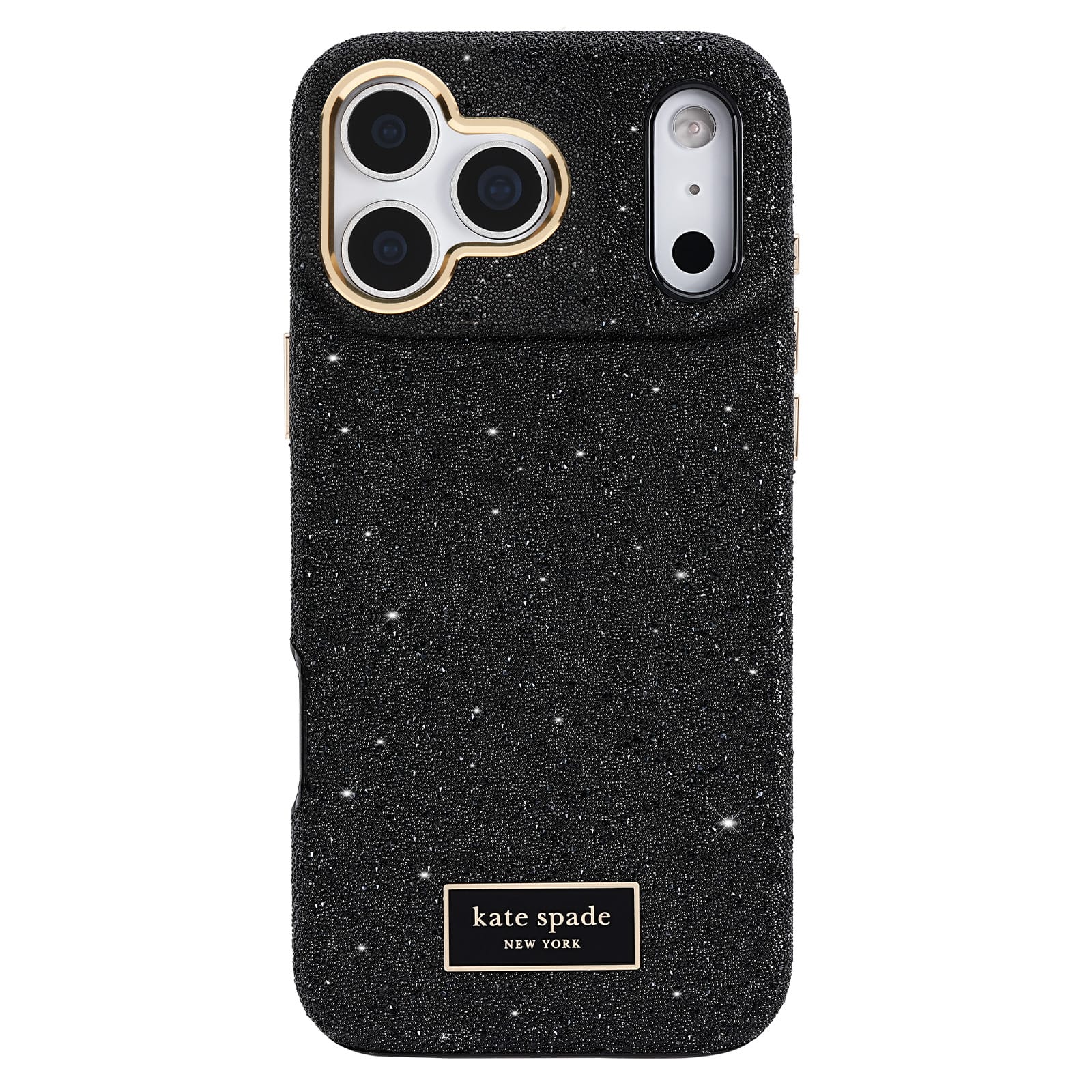 Kate Spade New York black glitter phone case with a gold camera bumper and a gold brand plaque at the bottom, shown on a white background.

#color_crystal pavé
