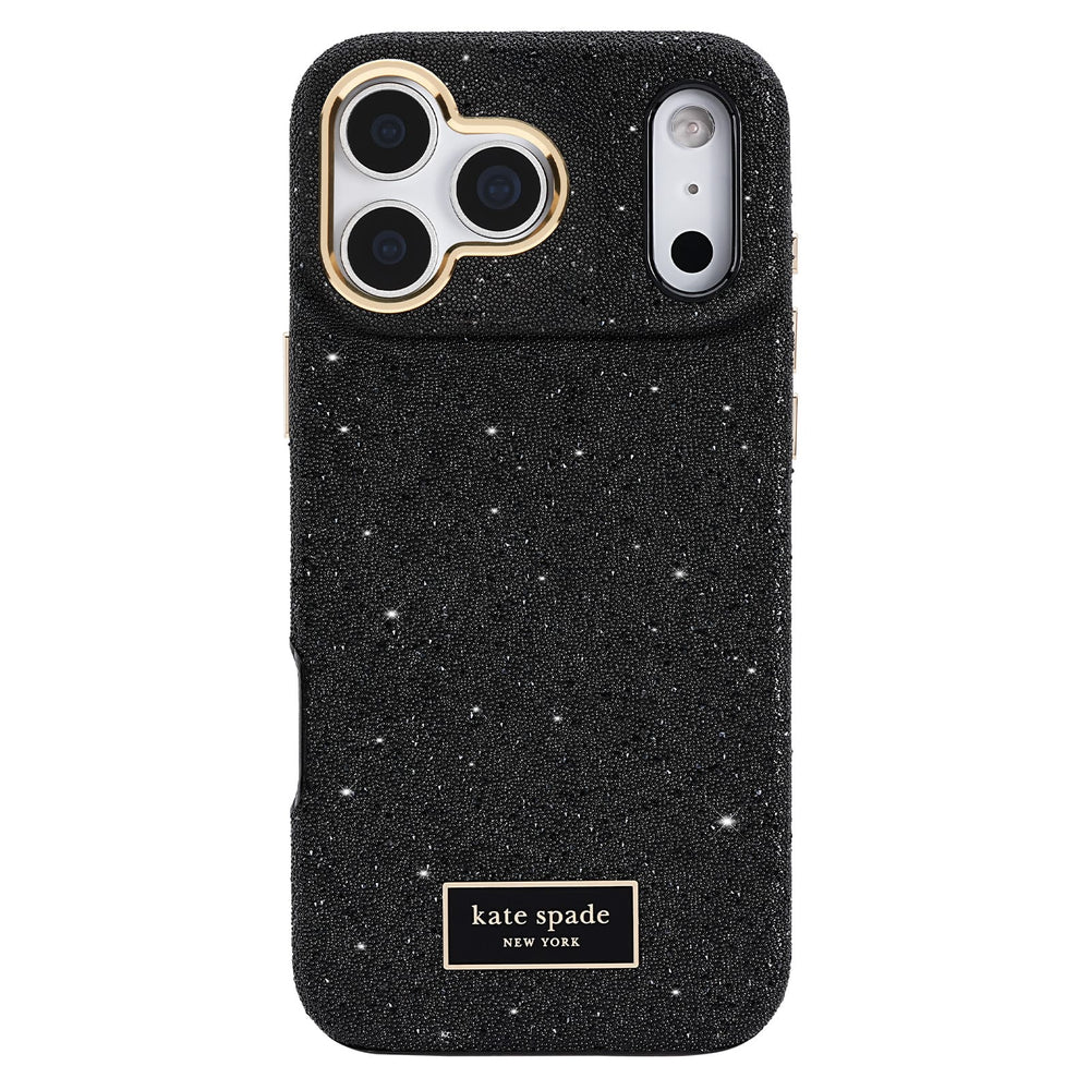 Kate Spade New York black glitter phone case with a gold camera bumper and a gold brand plaque at the bottom, shown on a white background.

#color_crystal pavé
