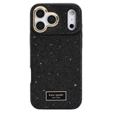 Kate Spade New York black glitter phone case with a gold camera bumper and a gold brand plaque at the bottom, shown on a white background.

#color_crystal pavé