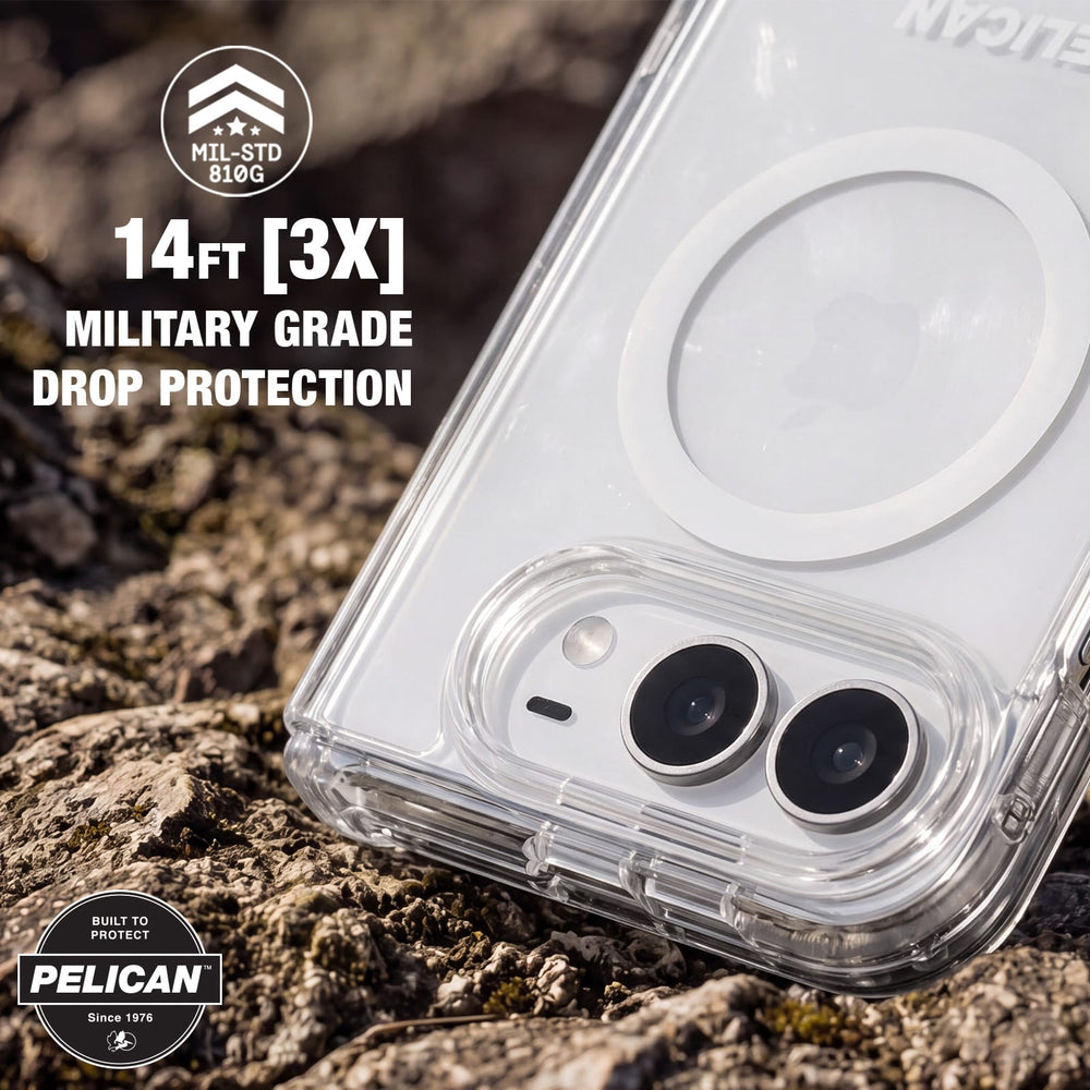 A clear Pelican phone case with a MagSafe ring, shown resting on a rocky outdoor surface. The image features promotional text overlays highlighting '14FT [3X] MILITARY GRADE DROP PROTECTION' and a 'BUILT TO PROTECT PELICAN Since 1975' badge.
#color_ranger clear