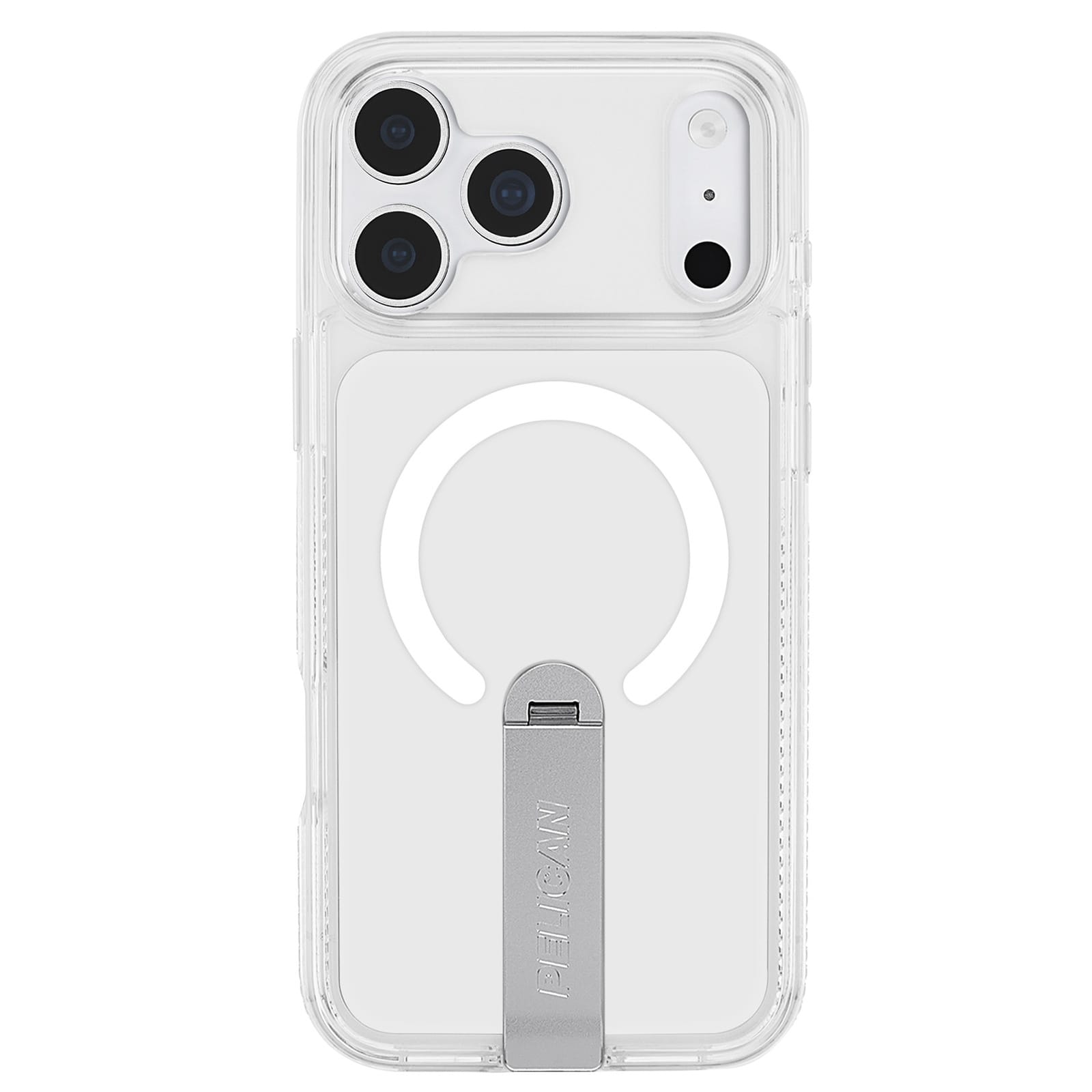 Clear MagSafe phone case with a built-in silver metal kickstand, shown on a white phone against a solid white background.
#color_protector clear with stand