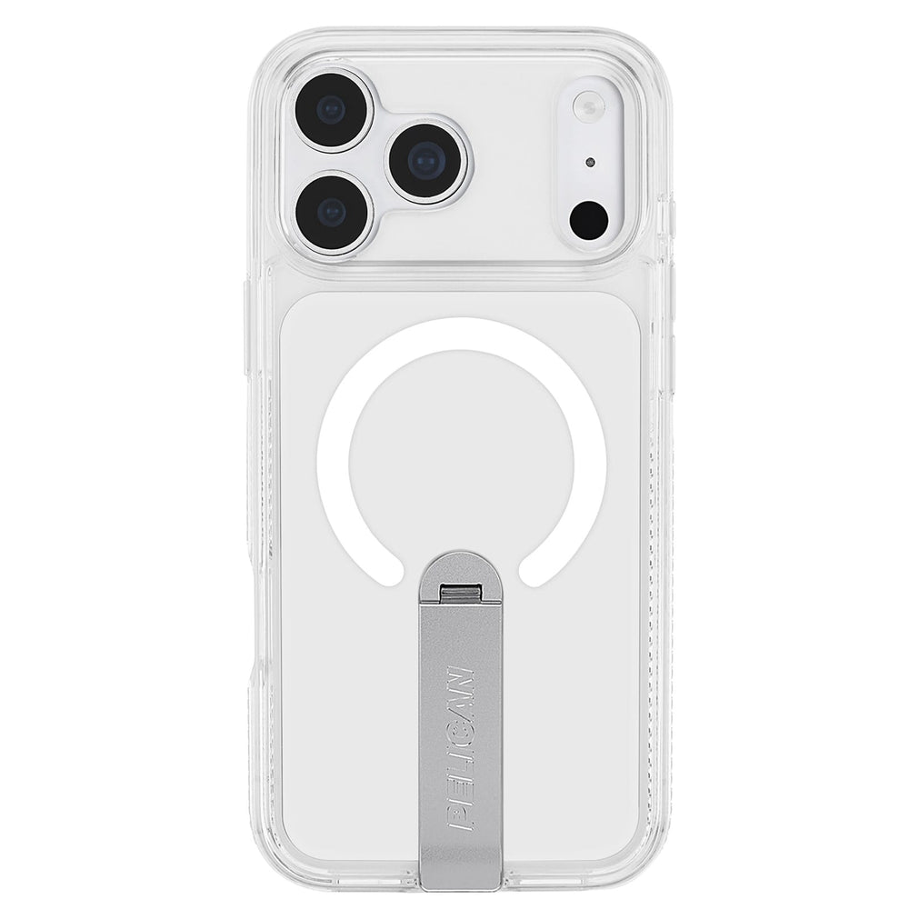 Clear MagSafe phone case with a built-in silver metal kickstand, shown on a white phone against a solid white background.
#color_protector clear with stand