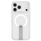 Clear MagSafe phone case with a built-in silver metal kickstand, shown on a white phone against a solid white background.
#color_protector clear with stand