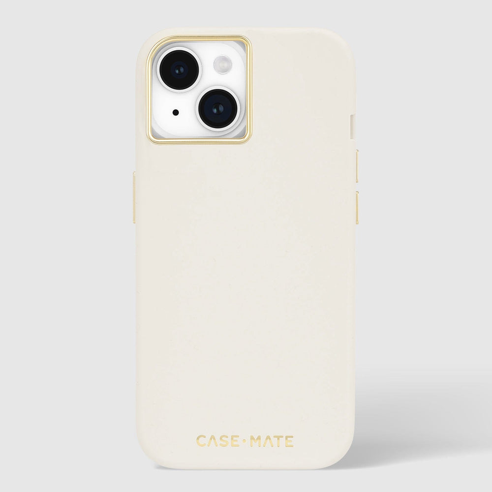 Beige silicone smartphone case with gold-trim camera cutout and matching side buttons for iPhone.