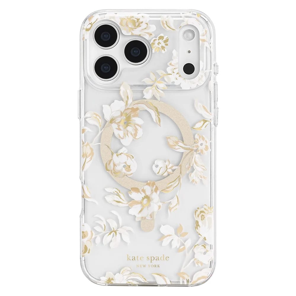 A clear phone case with a white and gold floral pattern and a gold MagSafe ring, shown on a white background.
#color_autumn toile