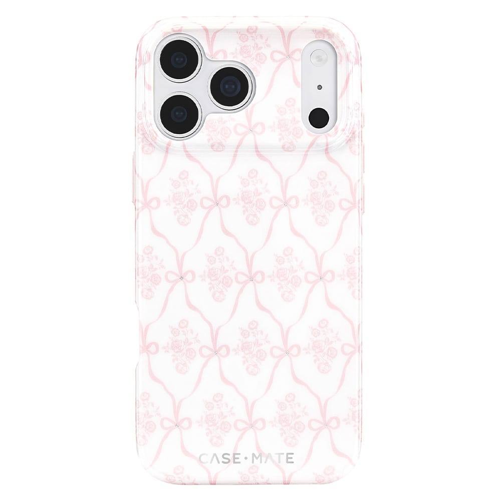 A white phone case with a light pink bow and floral trellis pattern, shown on a white background. The brand name 'CASE-MATE' is printed in silver at the bottom.
#color_ballet pink bow