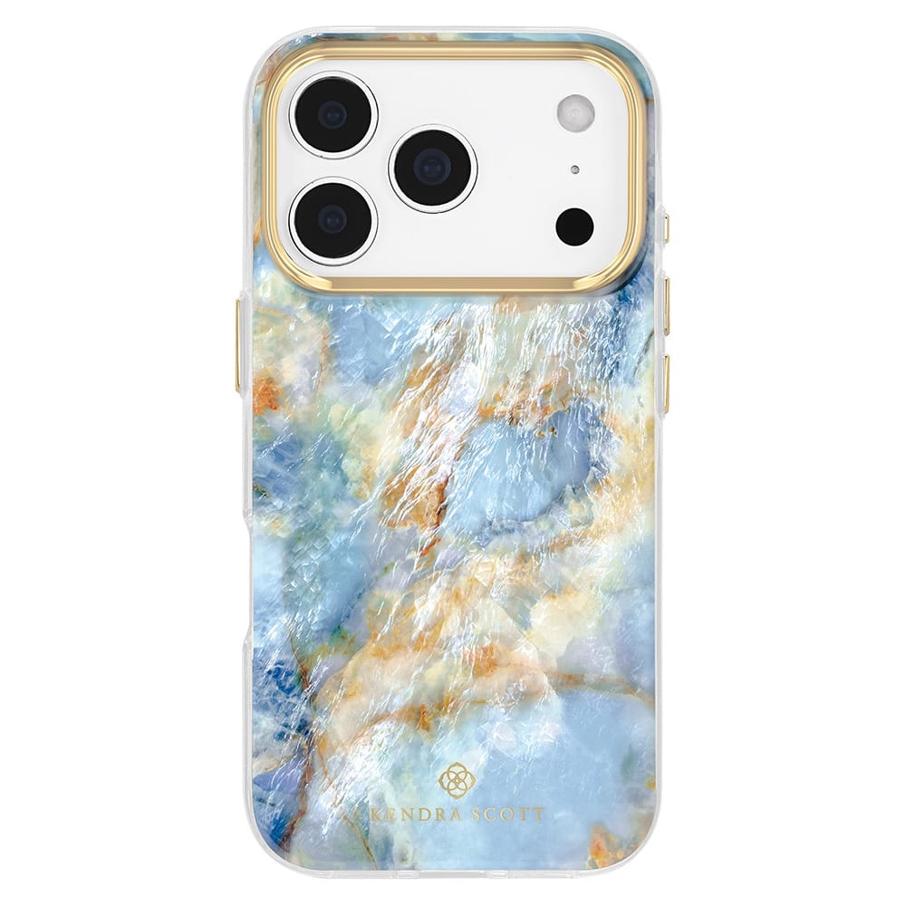 A clear phone case with a blue, gold, and cream marble pattern, designed for an iPhone with a gold-toned camera bumper, shown on a white background.

#color_blue agate