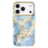 A clear phone case with a blue, gold, and cream marble pattern, designed for an iPhone with a gold-toned camera bumper, shown on a white background.

#color_blue agate
