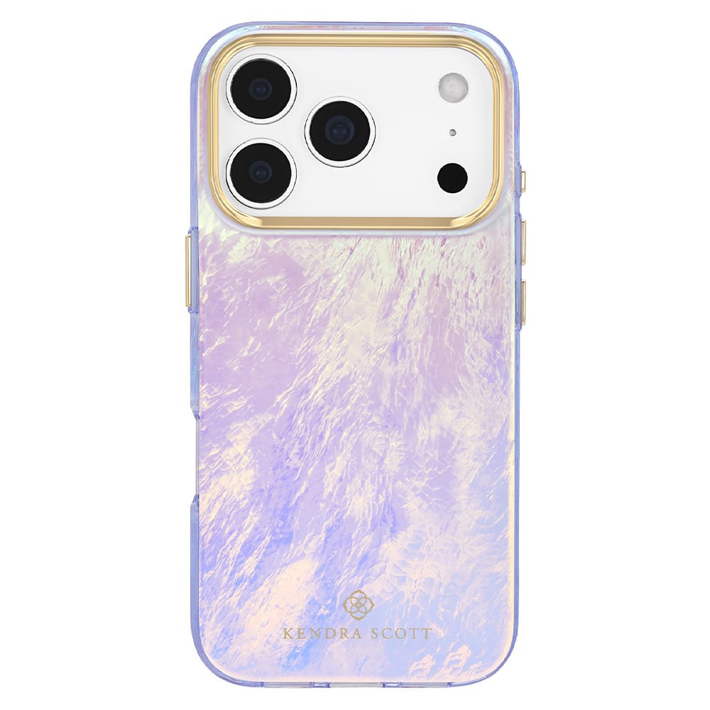 A Kendra Scott phone case with a light purple and white marbled pattern, featuring a gold metallic border around the camera cutout and a gold brand logo at the bottom.
#color_blue pearl