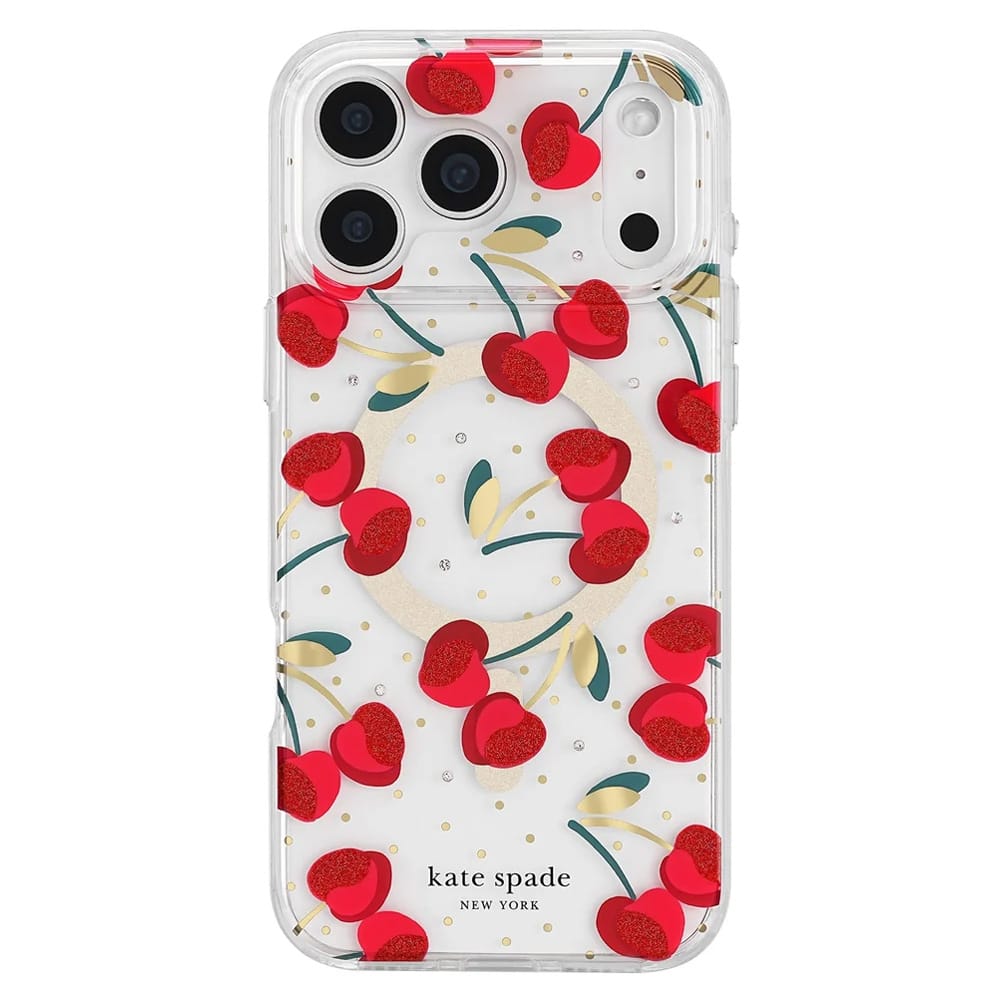 A clear iPhone case featuring a pattern of red glittery cherries with green stems and leaves, accented with small gold glitter dots and a white floral motif. The brand name 'kate spade NEW YORK' is printed in black at the bottom.
#color_cherry dot