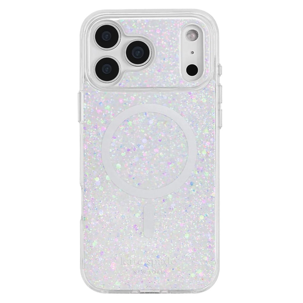 A clear protective phone case filled with iridescent holographic glitter, shown on a white phone against a solid white background.
#color_chunky glitter
