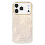 A Kendra Scott phone case with a clear back featuring a soft, iridescent blush pink and cream marble pattern, accented by gold trim around the camera cutout and a gold brand logo at the bottom.
#color_cream pearl