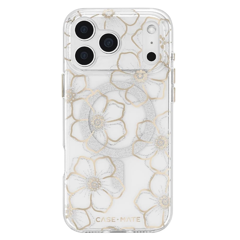 Clear phone case with a white and silver floral pattern and gold glitter outlines, shown on a white background.
#color_floral gems