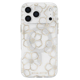 Clear phone case with a white and silver floral pattern and gold glitter outlines, shown on a white background.
#color_floral gems