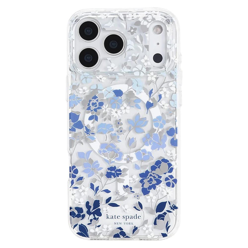 A clear phone case with a blue and white floral pattern, designed for an iPhone, featuring the 'kate spade NEW YORK' logo at the bottom.
#color_flowerbed blue