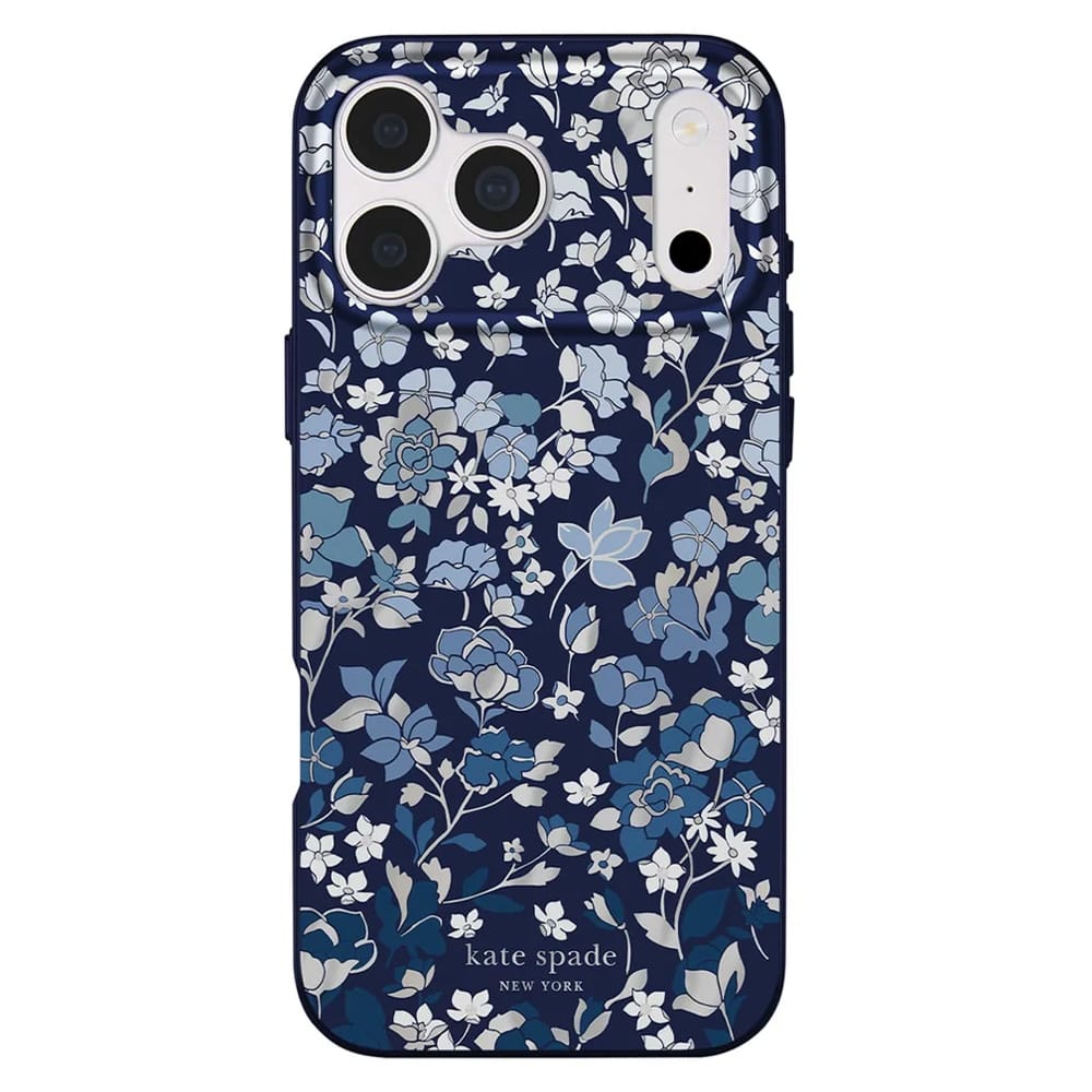 Kate Spade New York phone case featuring a navy blue background with a delicate floral pattern in shades of blue, white, and gray, with the brand name printed at the bottom.
#color_flowerbed navy