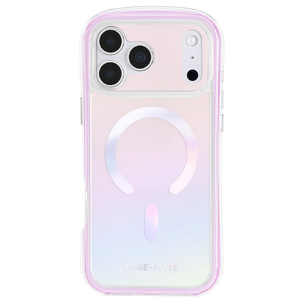 A Case-Mate phone case with a pastel pink and white iridescent gradient finish, featuring a MagSafe-compatible circular magnetic ring on the back and a pink border.
 #color_jelly pop iridescent