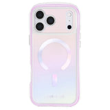 A Case-Mate phone case with a pastel pink and white iridescent gradient finish, featuring a MagSafe-compatible circular magnetic ring on the back and a pink border.
 #color_jelly pop iridescent