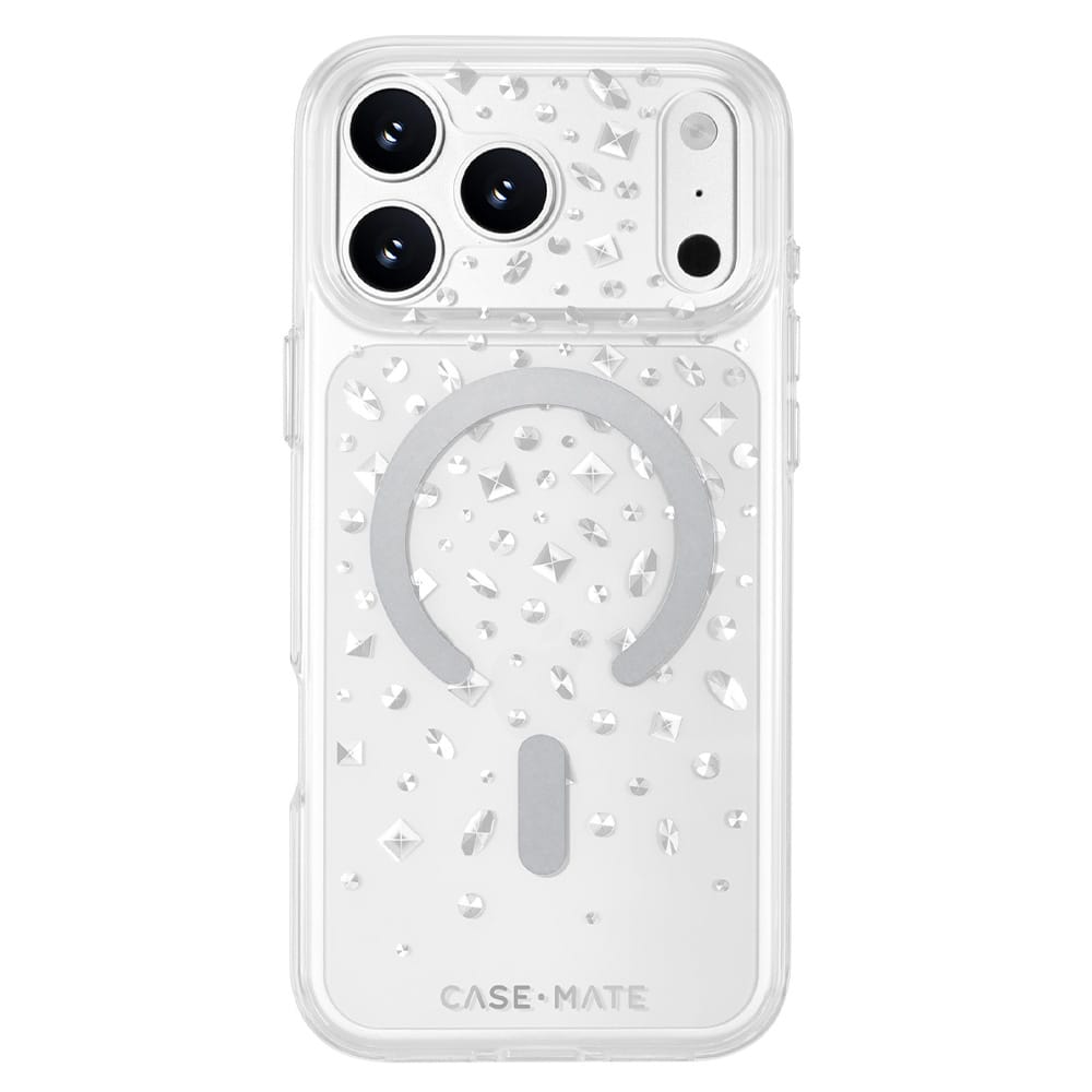 Clear phone case with rhinestone embellishments and a gray MagSafe ring, shown on a white background.

#color_karat crystal