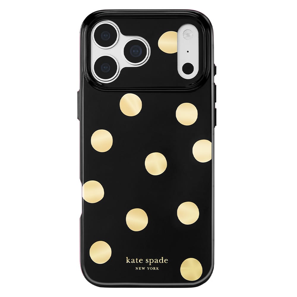 A black Kate Spade New York phone case with a pattern of metallic gold polka dots, shown on a plain white background.
#color_metallic classic dot