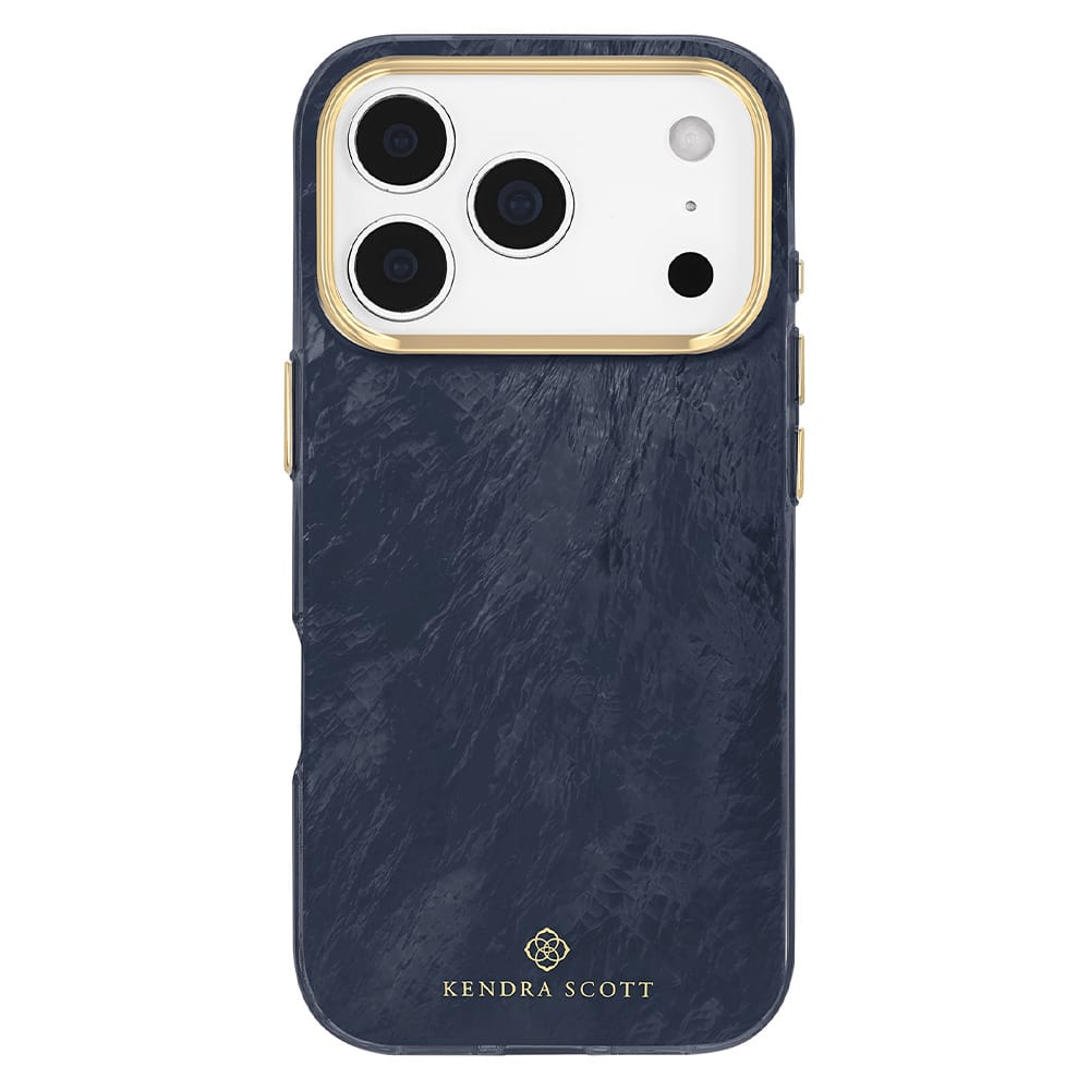 A navy blue marble-textured phone case with gold accents, including a gold camera bumper and gold branding at the bottom, shown on a white background.
#color_navy pearl