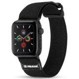 Black fabric Apple Watch band with textured weave material and Pelican logo patch on closure.