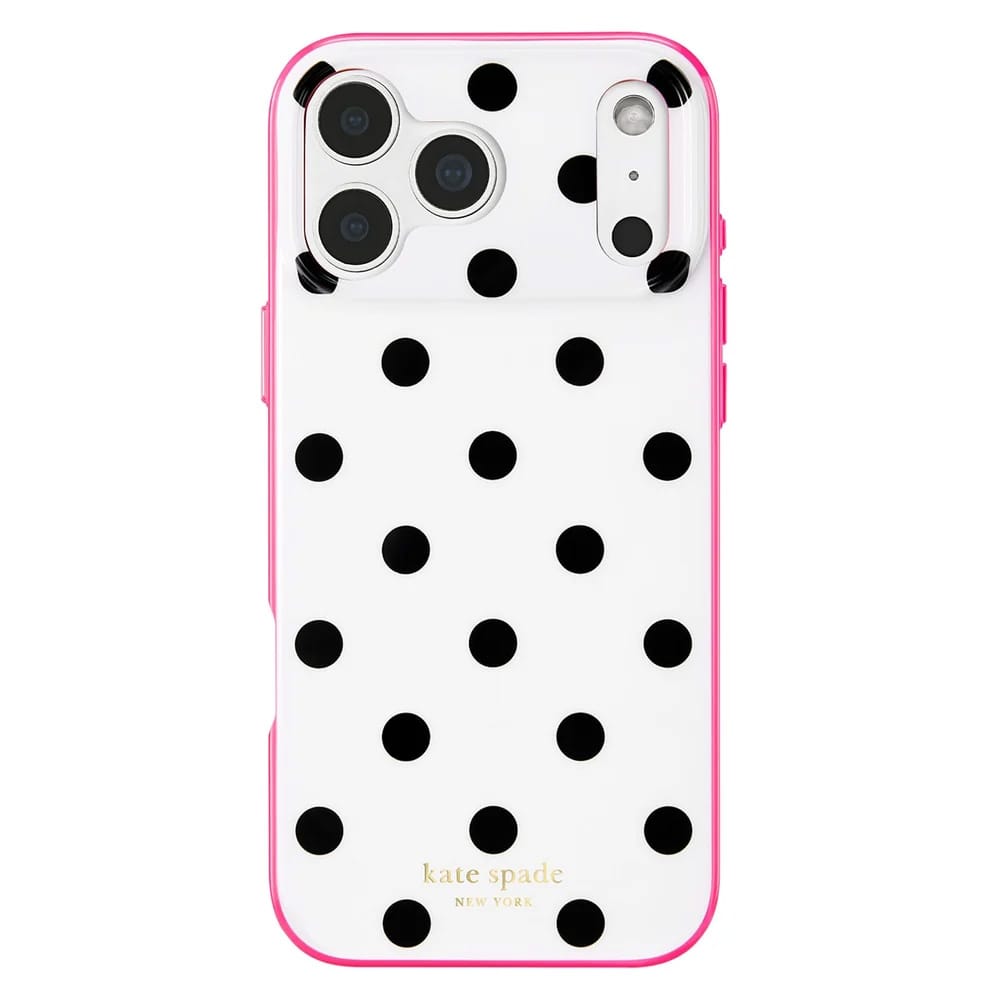 A white protective phone case with a black polka dot pattern and a bright pink bumper edge, featuring the gold 'kate spade NEW YORK' logo at the bottom.
#color_picture dot pop pink