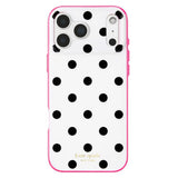 A white protective phone case with a black polka dot pattern and a bright pink bumper edge, featuring the gold 'kate spade NEW YORK' logo at the bottom.
#color_picture dot pop pink