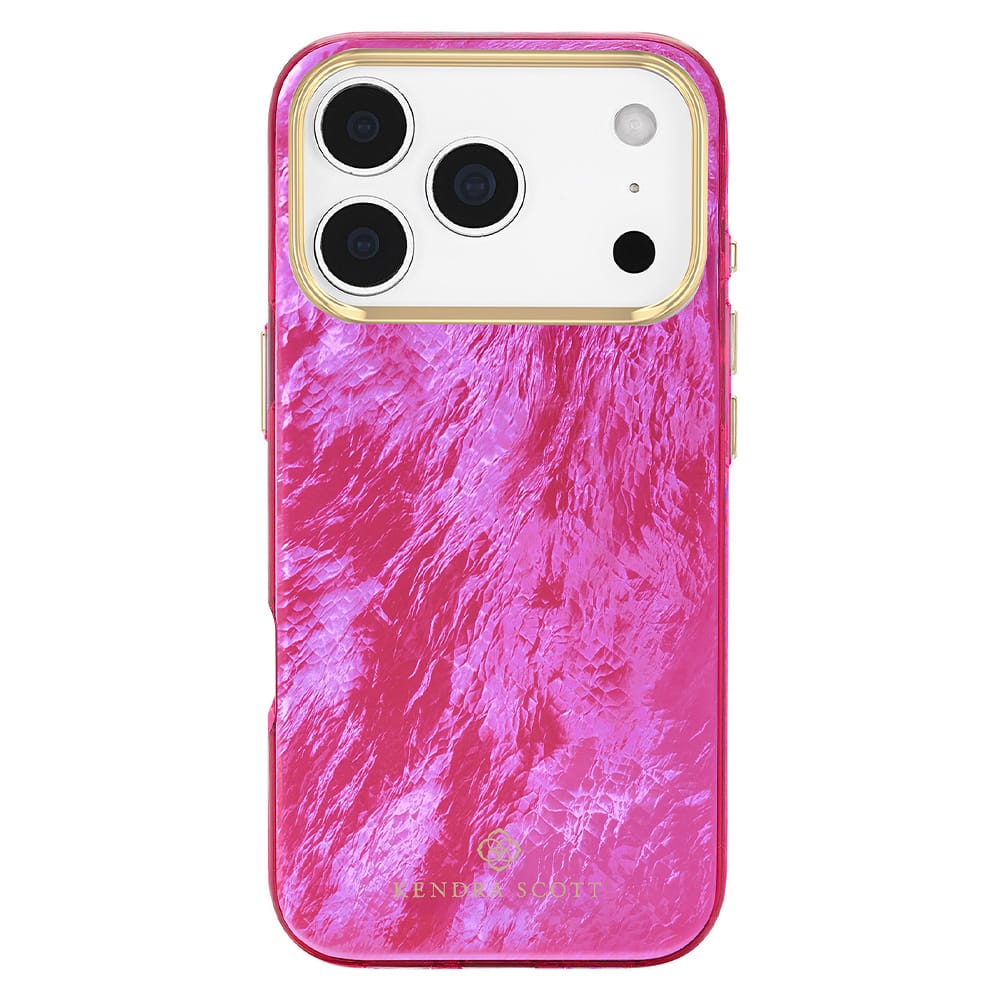 A pink textured phone case with a metallic, marbled finish, shown on a white iPhone. The case features a gold-toned camera bumper and a subtle gold brand logo at the bottom.
#color_raspberry pearl