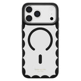 A clear phone case with a black scalloped border and a black circular MagSafe ring, featuring the gold 'kate spade NEW YORK' logo at the bottom, shown on a white phone against a white background.
#color_scallop black