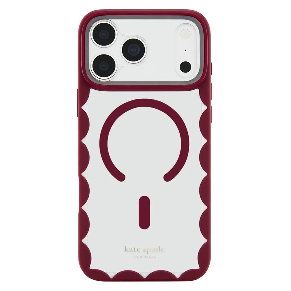 A Kate Spade New York MagSafe-compatible phone case with a deep burgundy scalloped border and a white back panel featuring a burgundy MagSafe ring and a small gold brand logo.
#color_scallop cherry glaze