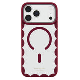 A Kate Spade New York MagSafe-compatible phone case with a deep burgundy scalloped border and a white back panel featuring a burgundy MagSafe ring and a small gold brand logo.
#color_scallop cherry glaze