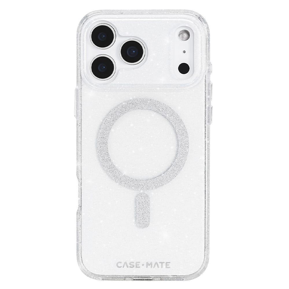A clear, glittery phone case with a silver MagSafe ring, shown on a white phone against a solid white background. The brand name 'CASE-MATE' is printed at the bottom.
#color_sheer twinkle silver