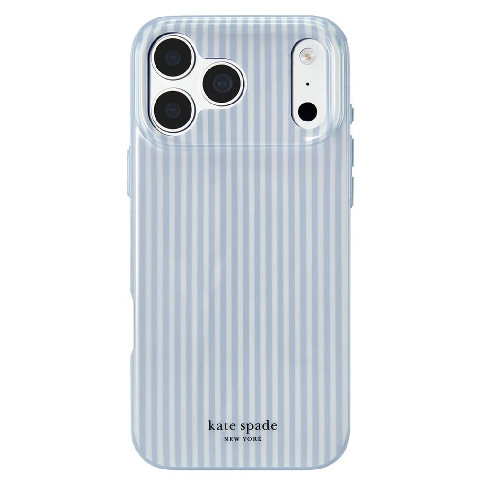 A light blue and white vertically striped phone case with a clear bumper edge, featuring the 'kate spade NEW YORK' logo at the bottom, shown on a white background.
#color_diamond blue stripe