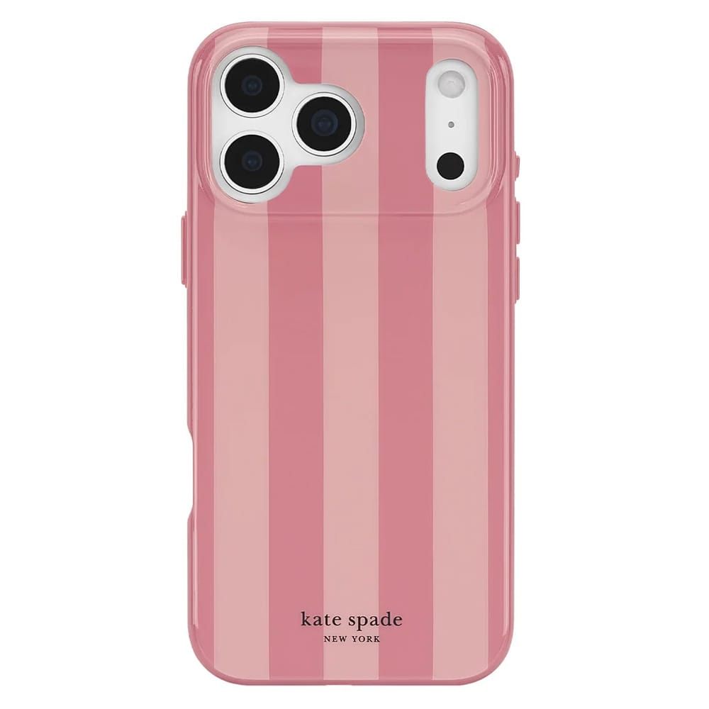 A pink striped phone case with vertical wavy bands in shades of pink, featuring the 'kate spade NEW YORK' logo at the bottom, shown on a white background.
#color_stripe rose coral