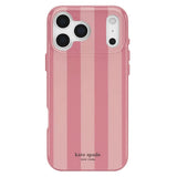A pink striped phone case with vertical wavy bands in shades of pink, featuring the 'kate spade NEW YORK' logo at the bottom, shown on a white background.
#color_stripe rose coral