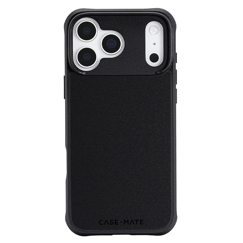 A black textured protective phone case with a raised camera bumper, shown on a white background.
#color_tough black