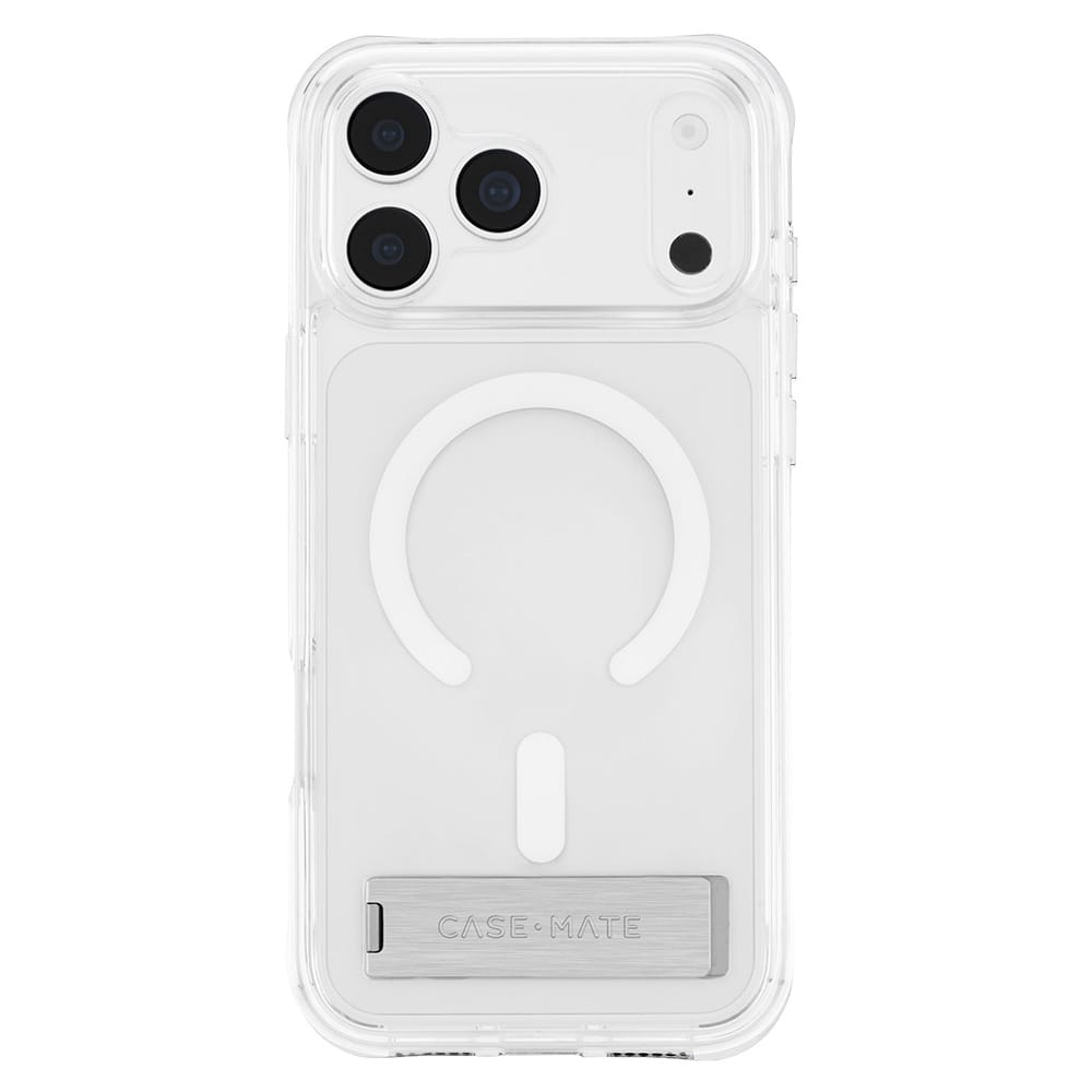 Clear MagSafe-compatible phone case with a built-in metal kickstand, shown on a white phone against a plain white background.
#color_tough plus clear