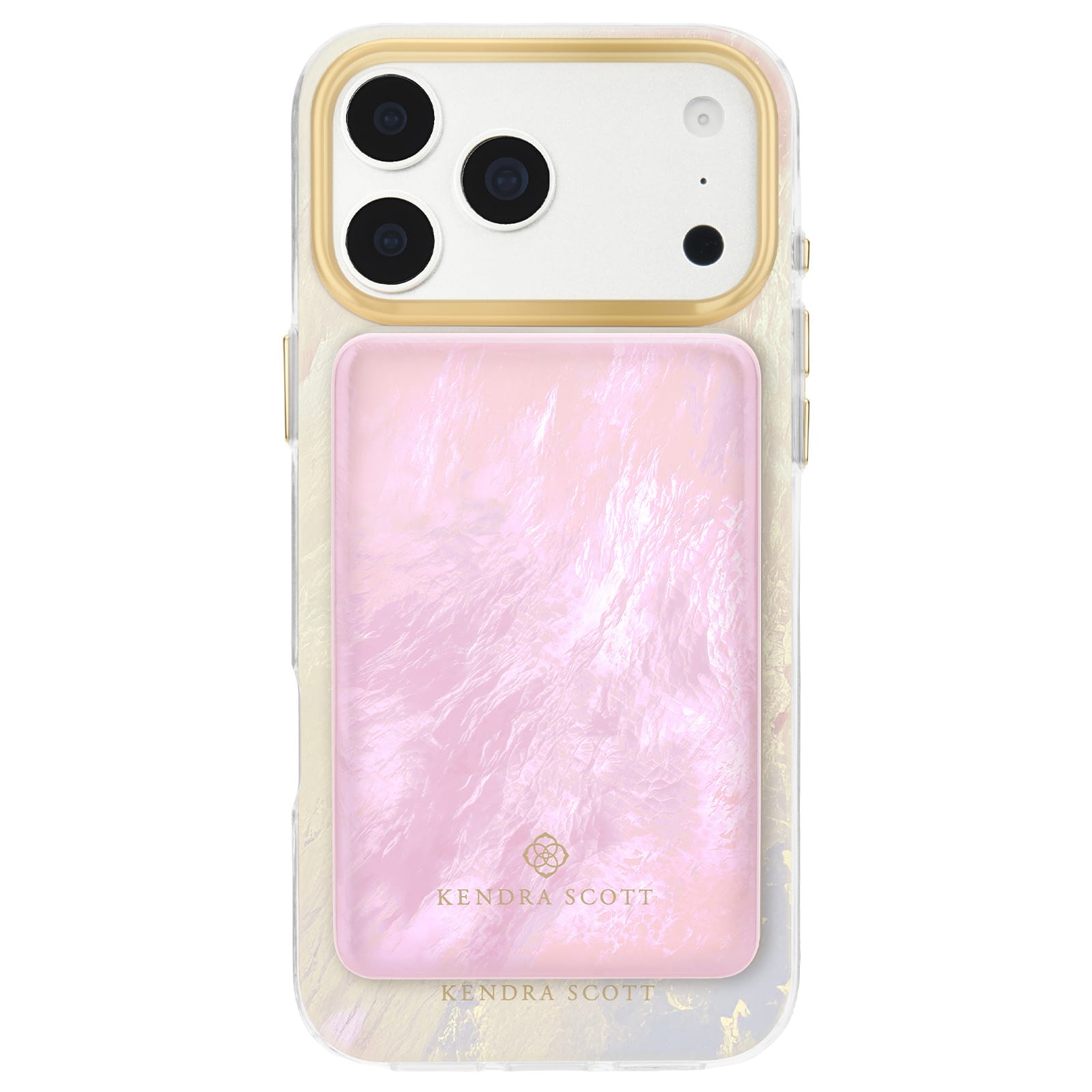 A Kendra Scott magnetic phone case with a gold-trimmed camera border and a pink pearlescent iridescent back, shown on a white phone against a white background. Matching MagSafe Portable Charger attached to back of phone case

#color_pink pearl