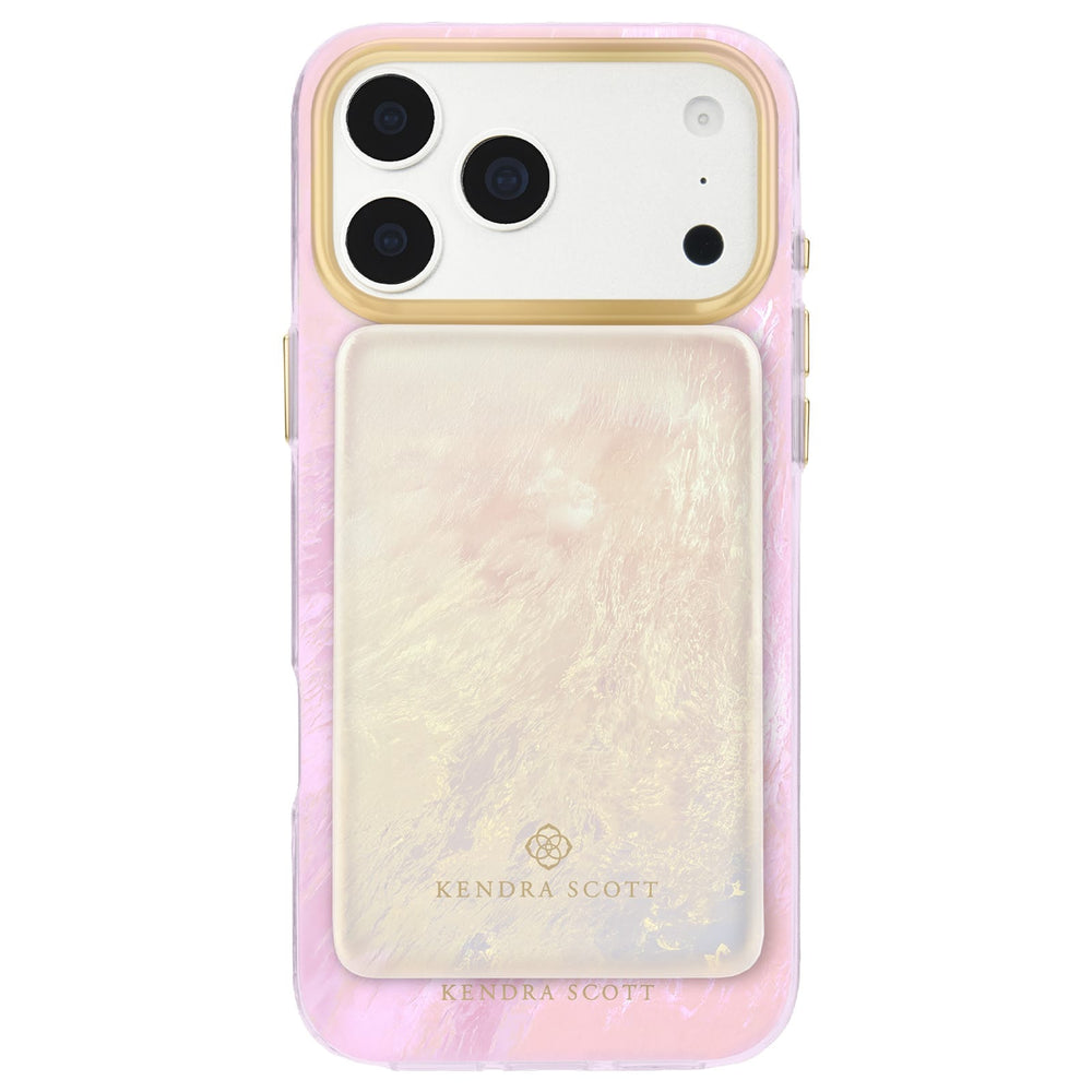 A Kendra Scott magnetic phone case with a gold-trimmed camera border and a pearlescent iridescent back, shown on a white phone against a white background. Matching MagSafe Portable Charger attached to back of phone case
#color_ivory pearl