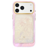 A Kendra Scott magnetic phone case with a gold-trimmed camera border and a pearlescent iridescent back, shown on a white phone against a white background. Matching MagSafe Portable Charger attached to back of phone case
#color_ivory pearl