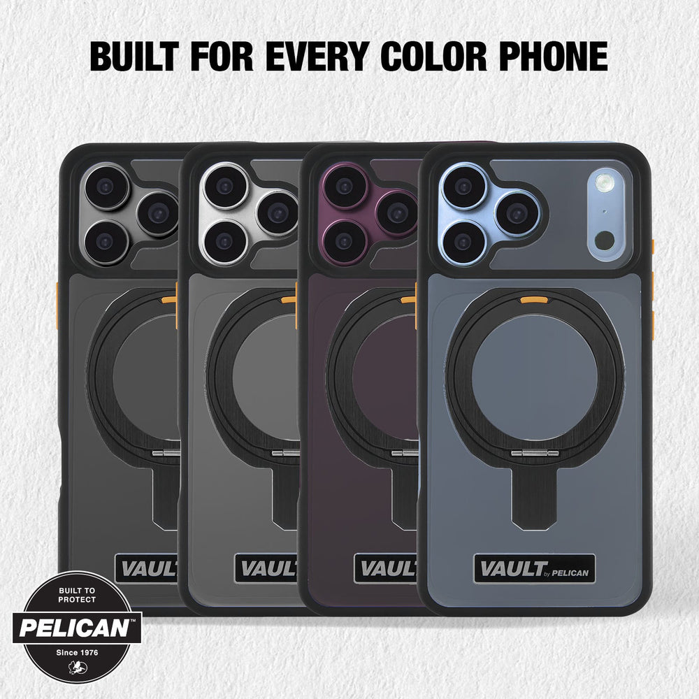 Four rugged smartphone cases shown in different dark colors, each with a circular MagSafe ring and a small Vault Pelican logo near the bottom. The cases are arranged in a row on a light textured background with the text 'BUILT FOR EVERY COLOR DEVICE' above them and a Pelican badge in the lower left corner.
#color_vault smoke
