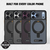 Four rugged smartphone cases shown in different dark colors, each with a circular MagSafe ring and a small Vault Pelican logo near the bottom. The cases are arranged in a row on a light textured background with the text 'BUILT FOR EVERY COLOR DEVICE' above them and a Pelican badge in the lower left corner.
#color_vault smoke
