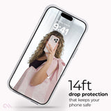 A clear smartphone case shown on a phone mockup, with large text reading '14ft drop protection that keeps your phone safe' on a light background. No real environment is present; the person visible is only on the phone screen and functions as demo content, so this is Product/Packaging rather than Lifestyle.

#color_tough clear
