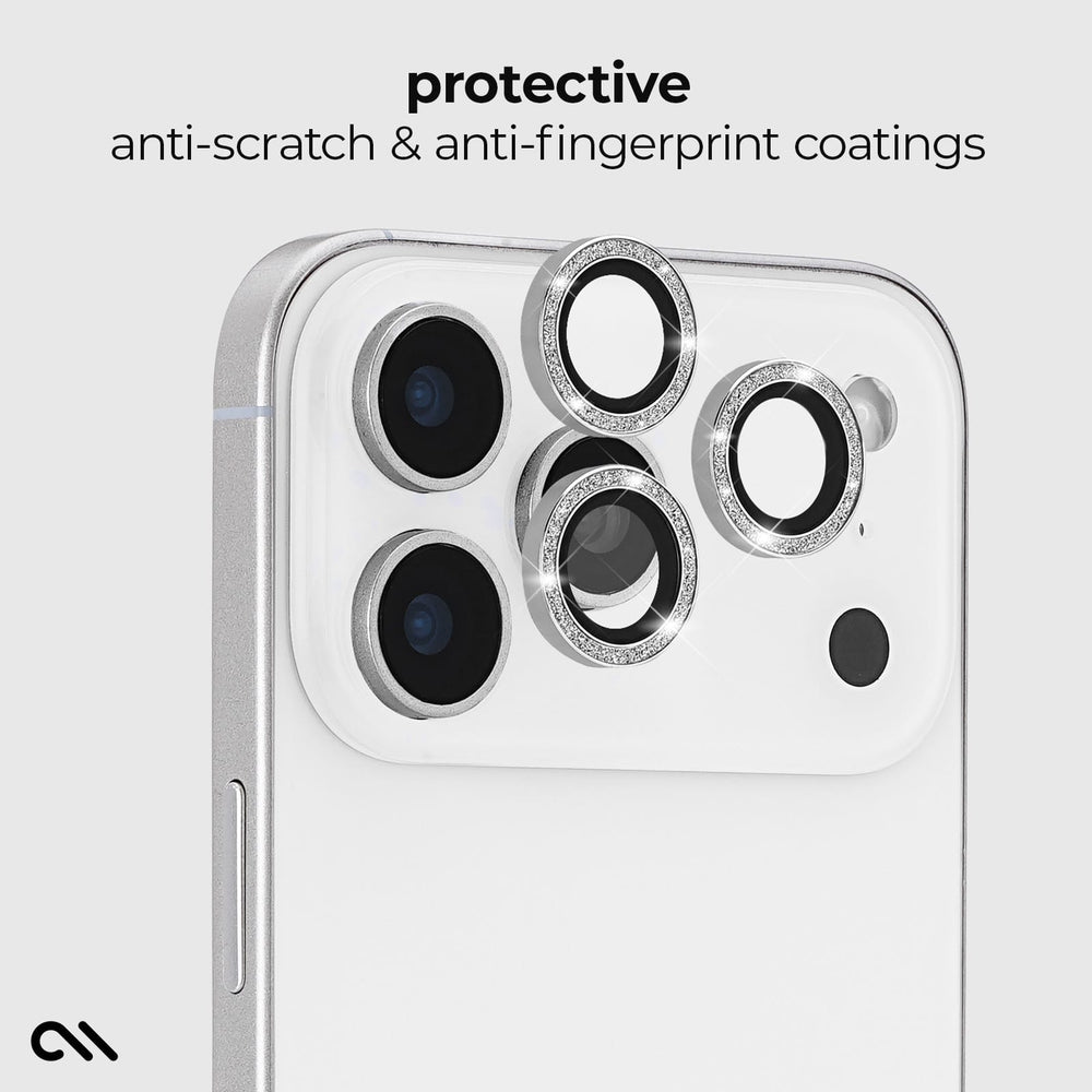 A close-up of a white smartphone showing the back camera area with three circular lens protectors installed around the camera lenses. Text at the top reads 'protective anti-scratch & anti-fingerprint coatings' on a light gray 
background.

#color_twinkle
