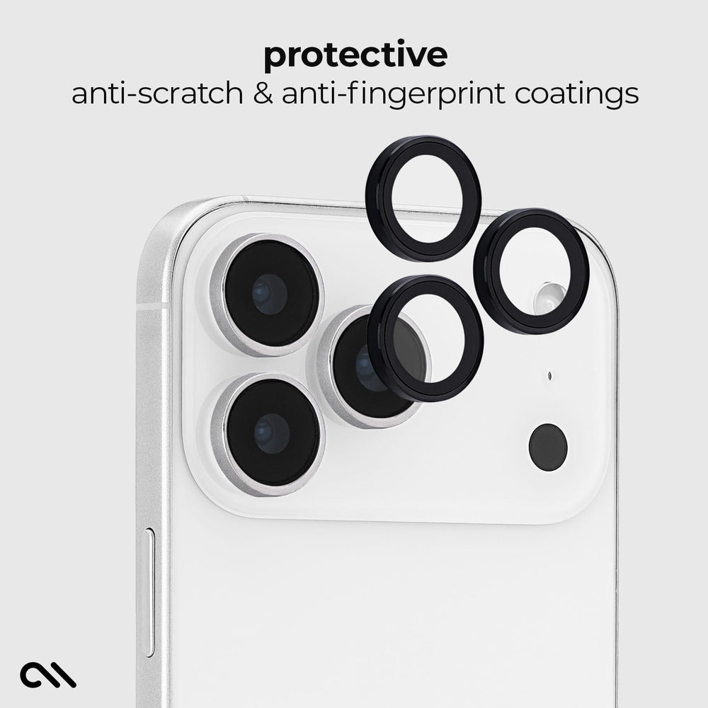 White smartphone shown from the back with four black camera lens protectors floating above the camera area. Text at the top reads 'protective anti-scratch & anti-fingerprint coatings' on a light gray background.
#color_midnight black